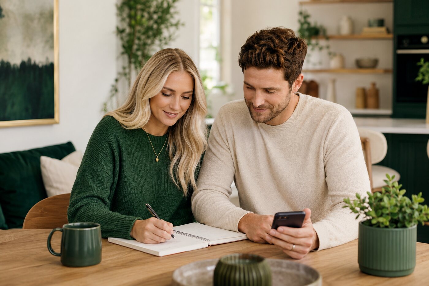 A woman and man reviewing their weekly money plan together